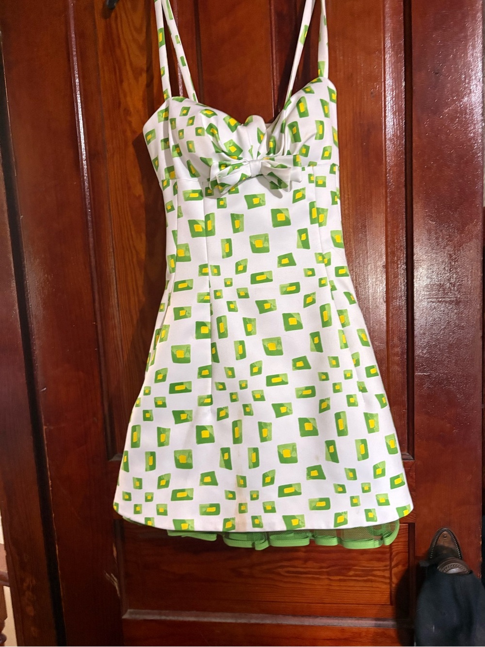 Vintage Saraco Paris Mini Dress with Green & Yellow Geometric Print